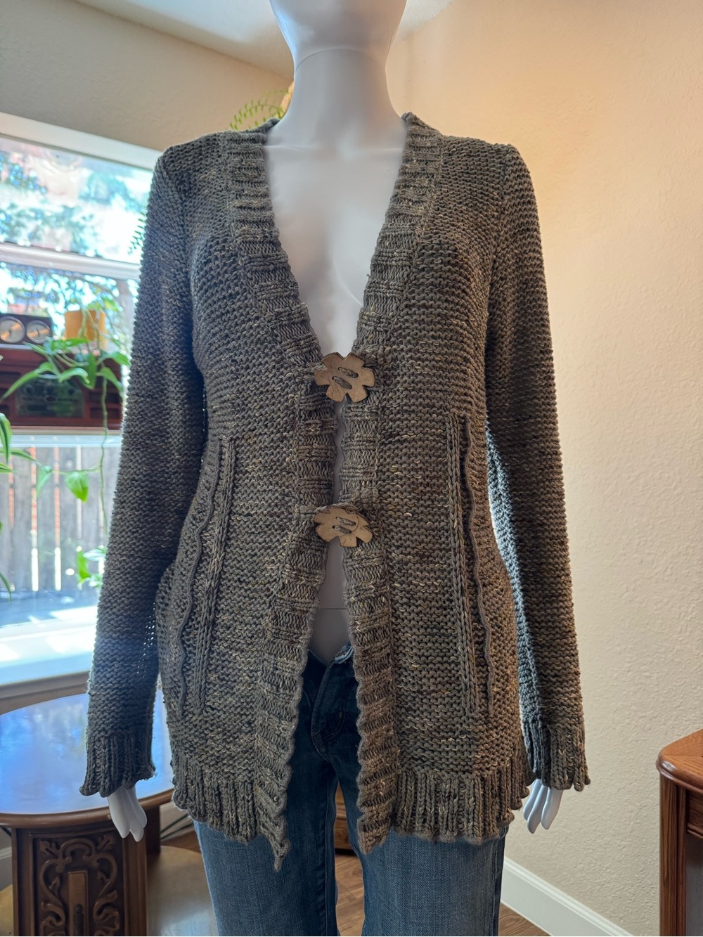 Vintage boho BCBG Chunky Open Knit Cardigan Sweater in Olive Brown
